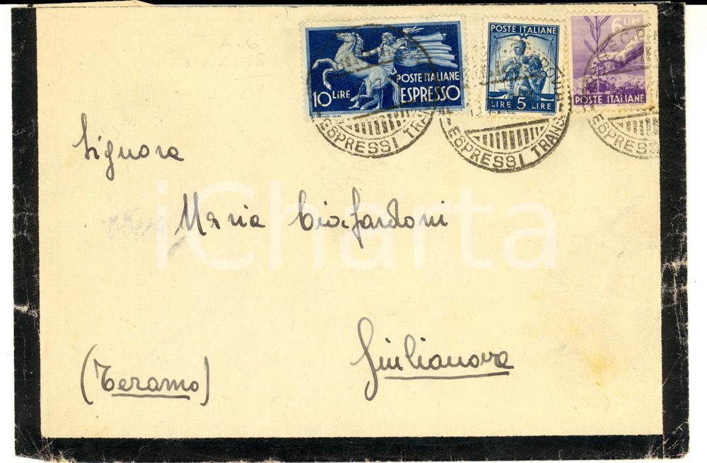 Cartolina originale da collezione 1947 STORIA POSTALE REPUBBLICA Busta affrancatura mista 10 Lire ESPRESSO 1
