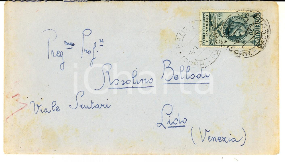 Cartolina originale da collezione 1950 STORIA POSTALE  REPUBBLICA Busta con affrancatura Lire 20 GAUDENZIO FERRARI 1