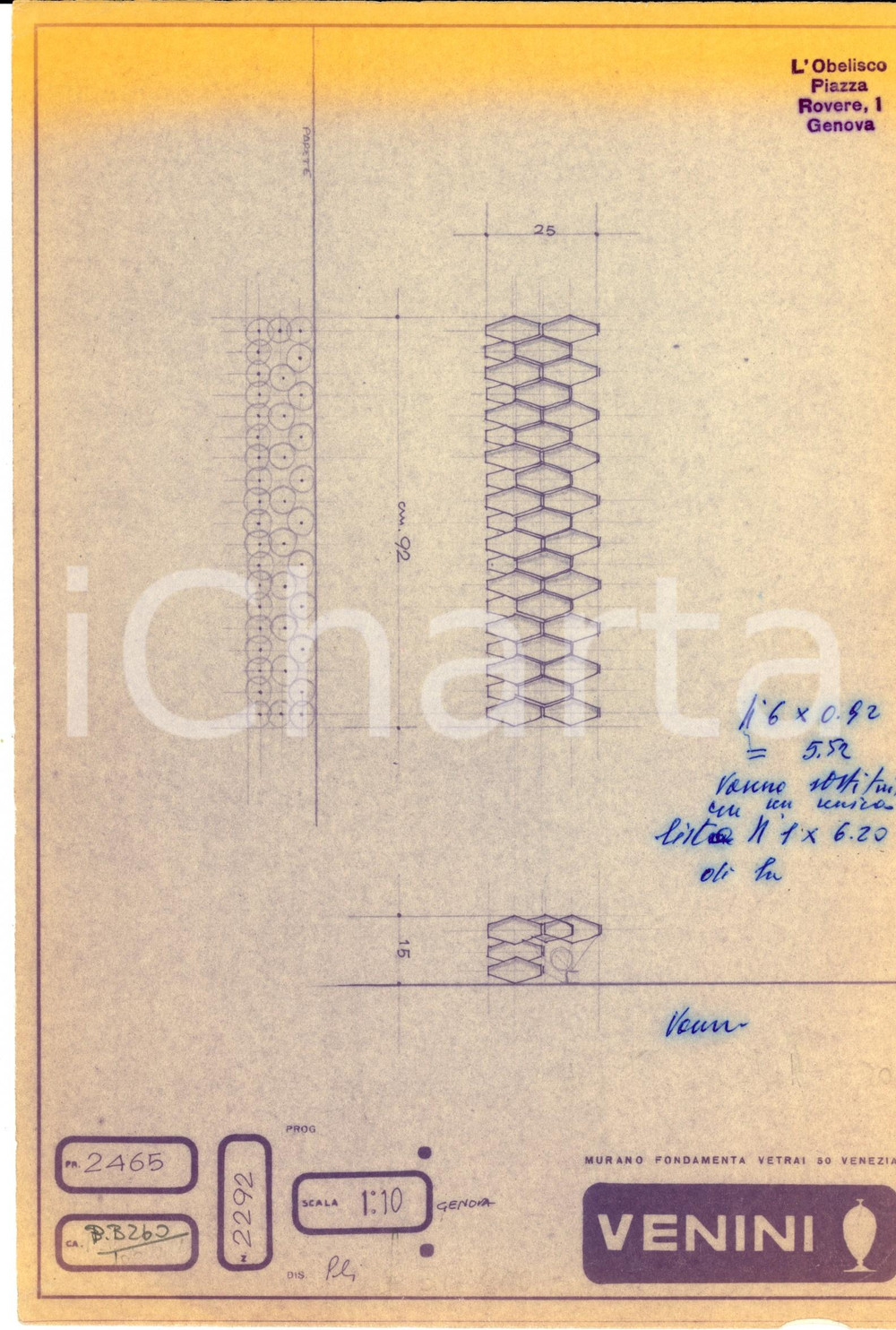 Materiale pubblicitario d’epoca 1960 ca MURANO VENEZIA  VENINI disegno lampada vetro Copia eliografica 1