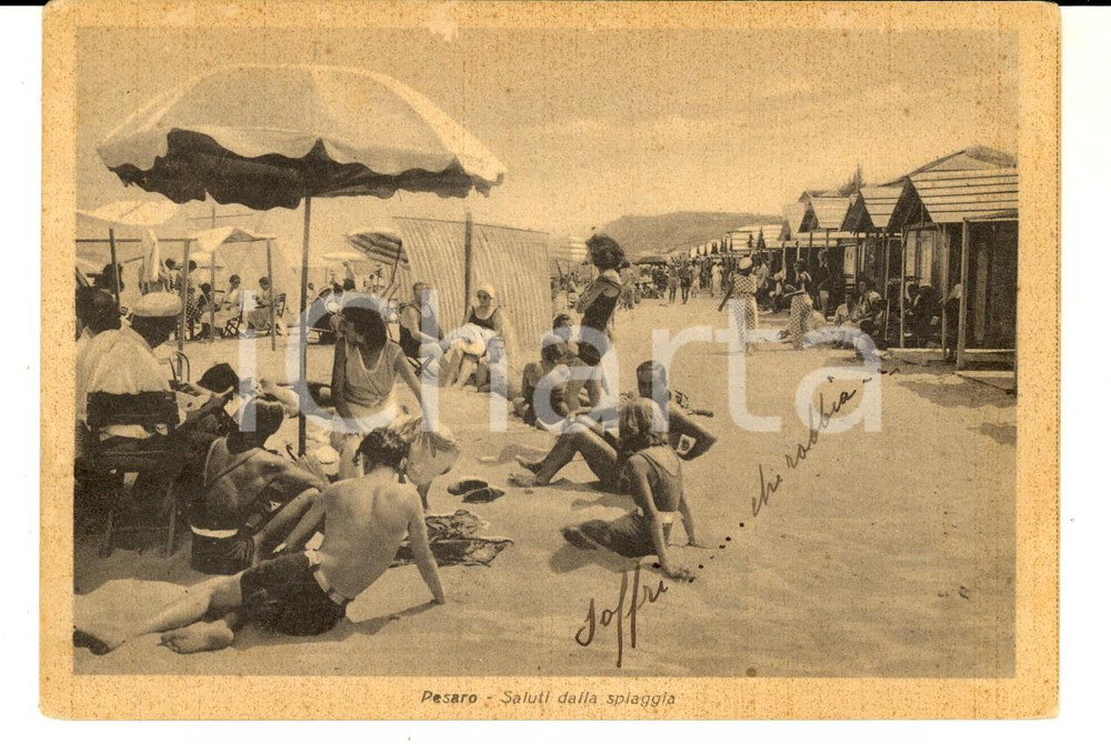 Cartolina originale da collezione 1937 PESARO Saluti dalla spiaggia Cartolina ANIMATA VINTAGE FG VG 1