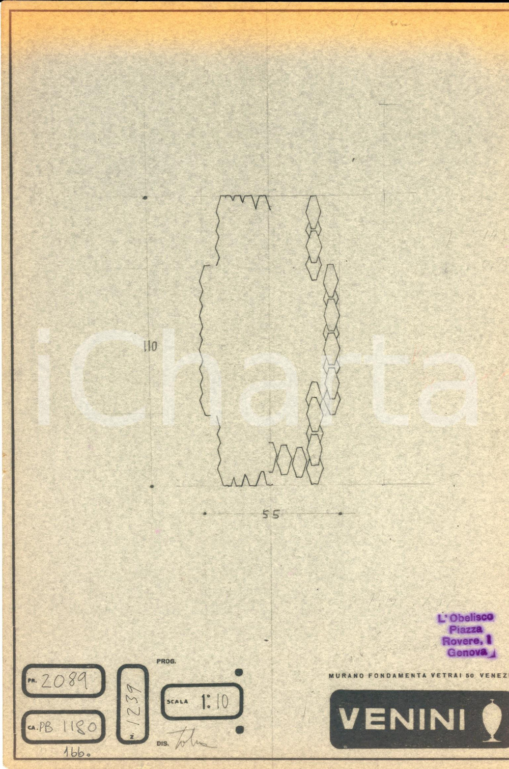 Materiale pubblicitario d’epoca 1960 ca MURANO VENEZIA Ditta VENINI Bozza lampada vetro Copia eliografica 1