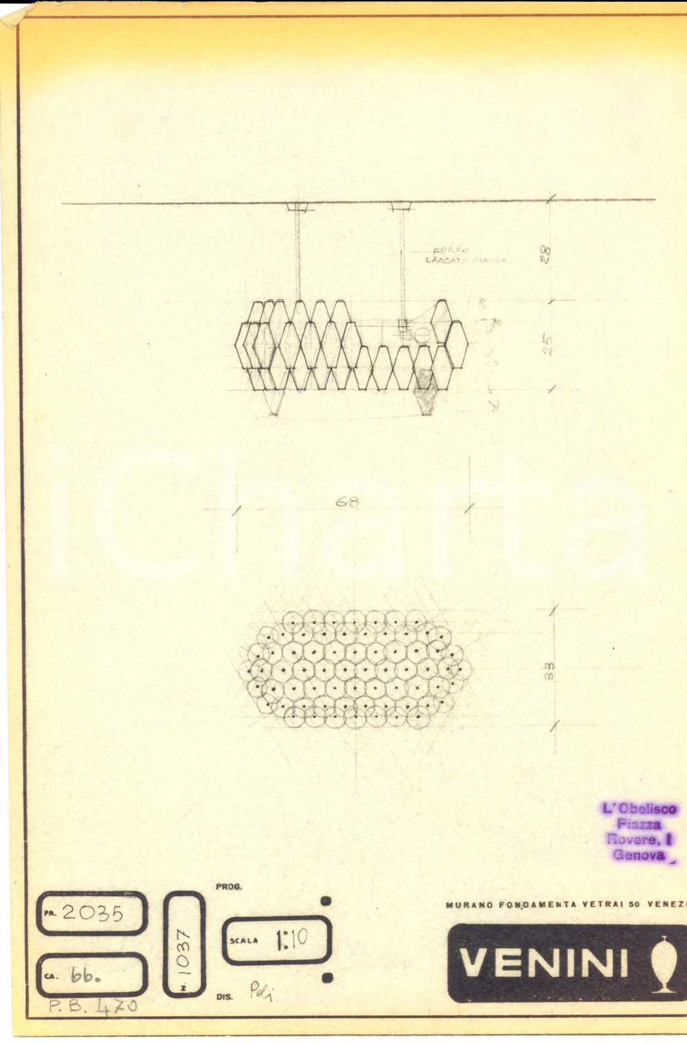 Materiale pubblicitario d’epoca 1960 MURANO VENEZIA Ditta VENINI disegno per lampada in vetro Copia eliografica 1