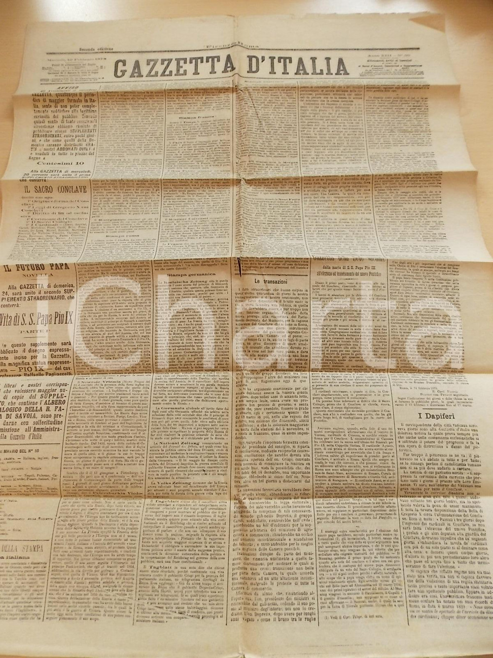 Giornale, rivista storica 1878 GAZZETTA D ITALIA Sede vacante dopo morte Pio IX Giornale anno XIII n°50 1