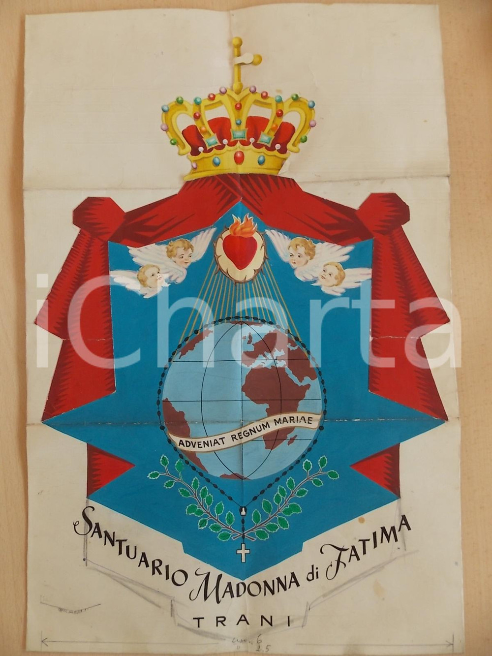 Stampa, bozzetto originale 1960 TRANI Santuario MADONNA DI FATIMA Bozzetto stendardo COLLAGE 30x45 1
