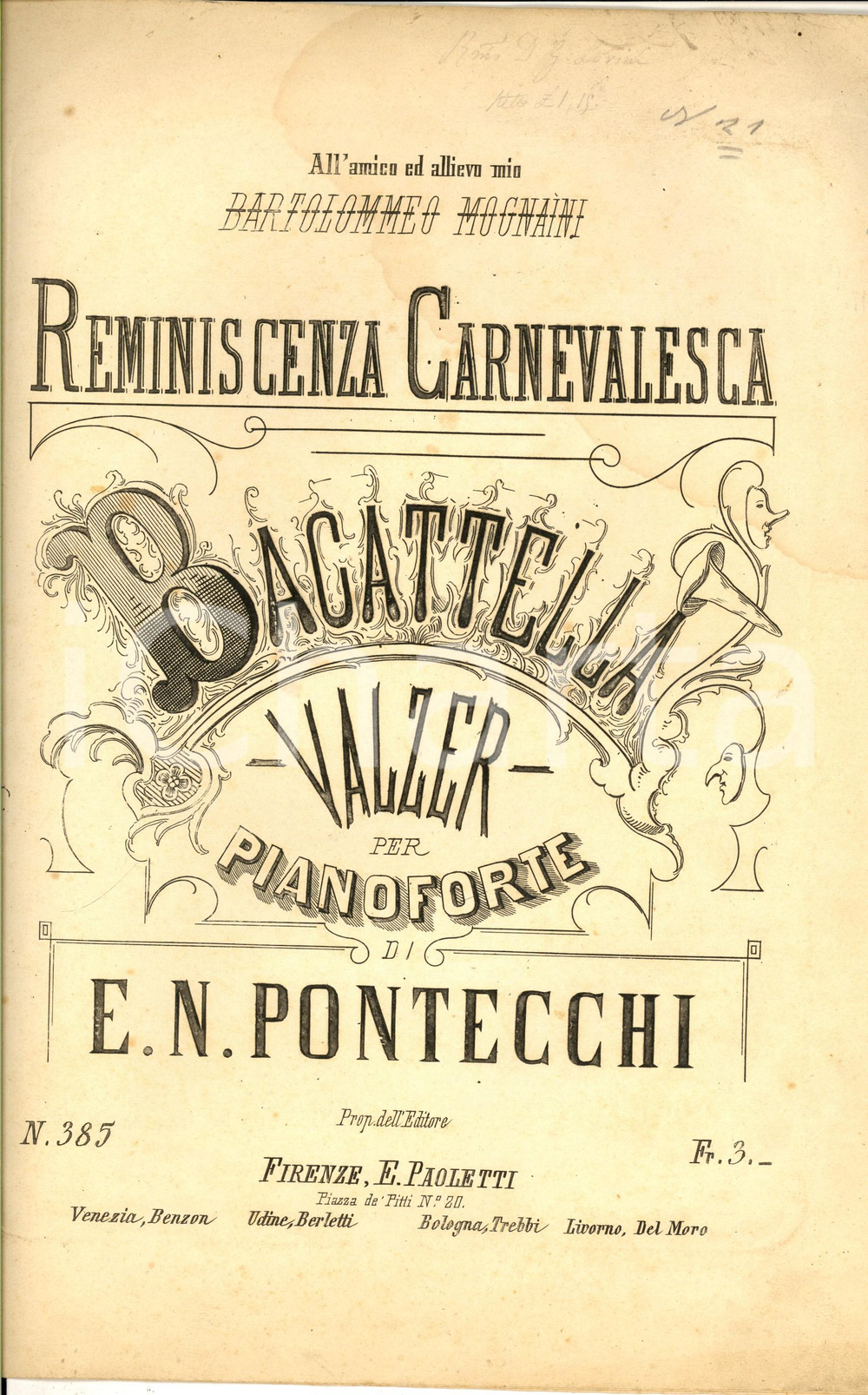 Oggetto da collezione cartaceo 1850 ca E. N. PONTECCHI Reminescenza carnevalesca  Valzer Spartito PAOLETTI 1