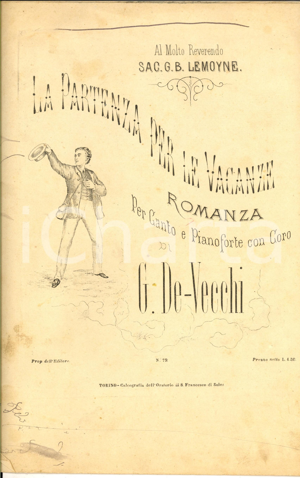 Oggetto da collezione cartaceo 1870 ca DE VECCHI La partenza per le vacanze  Romanza per pianoforte Spartito 1
