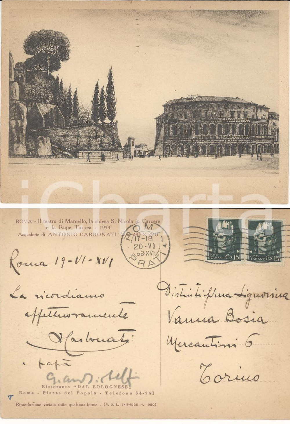 Autografo originale 1938 ROMA Teatro di Marcello Autografo pittore Antonio CARBONATI su cartolina 1