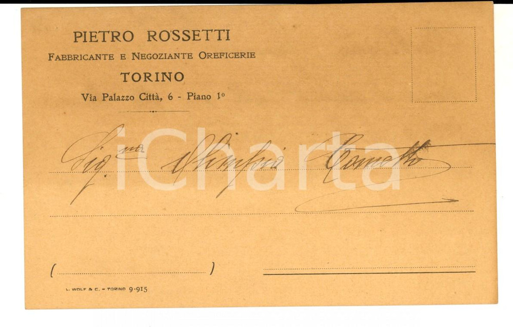 Cartolina originale da collezione 1920 TORINO Pietro ROSSETTI orefice fissa appuntamento Cartolina intestata 1
