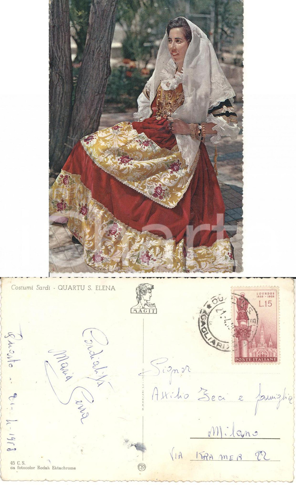 Cartolina originale da collezione 1958 QUARTU S. ELENA CA Costumi sardi Cartolina affrancatura L. 15 Lourdes 1
