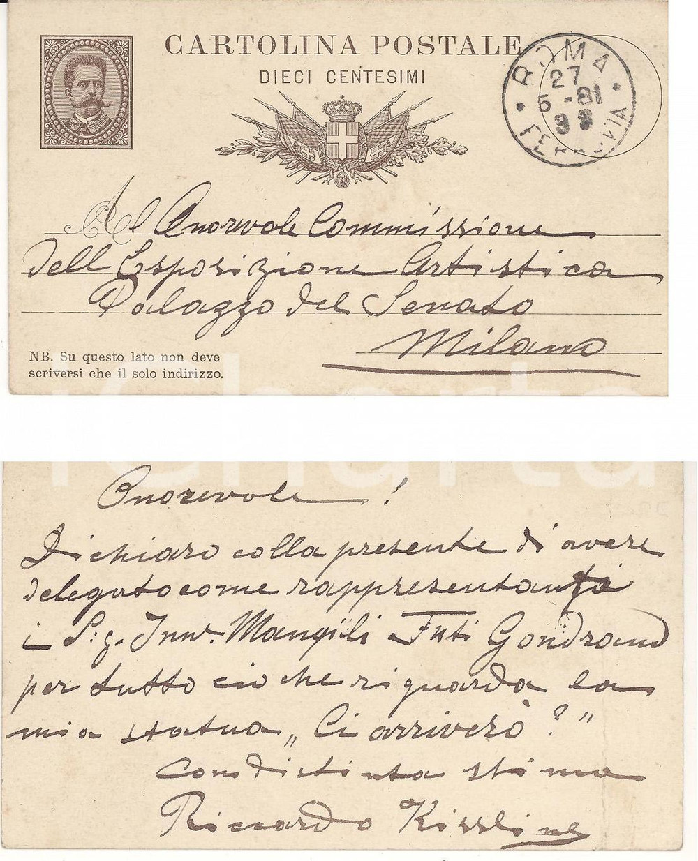 Autografo originale 1898 ROMA Scultore Riccardo KISSLING invia statua per mostra AUTOGRAFO 1