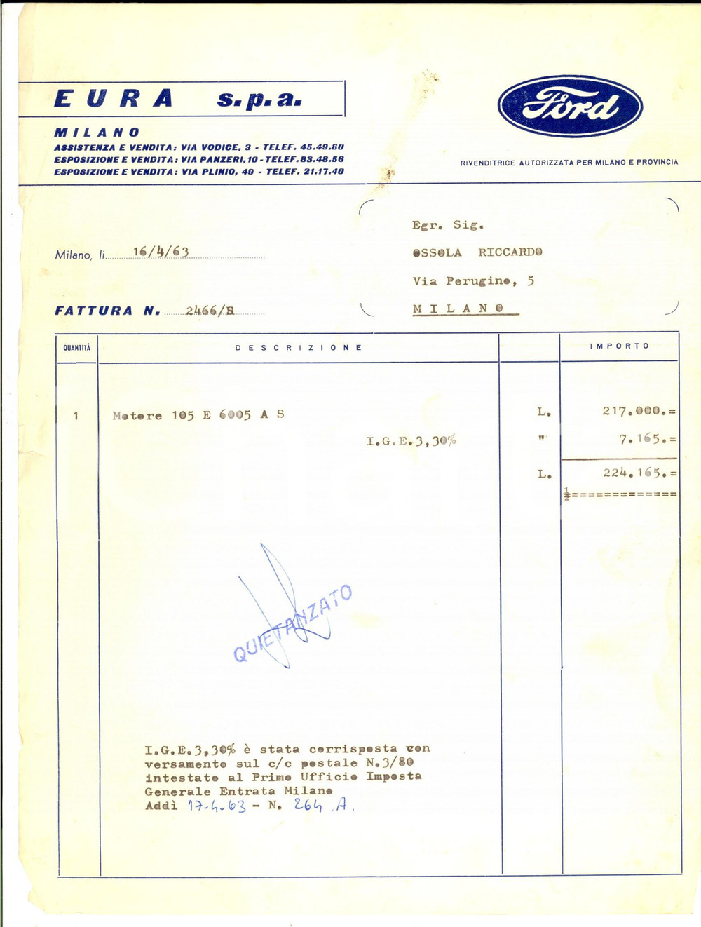 Documento originale, autentico 1963 MILANO via Vodice  EURA spa rivenditrice FORD Fattura per motore 105 1