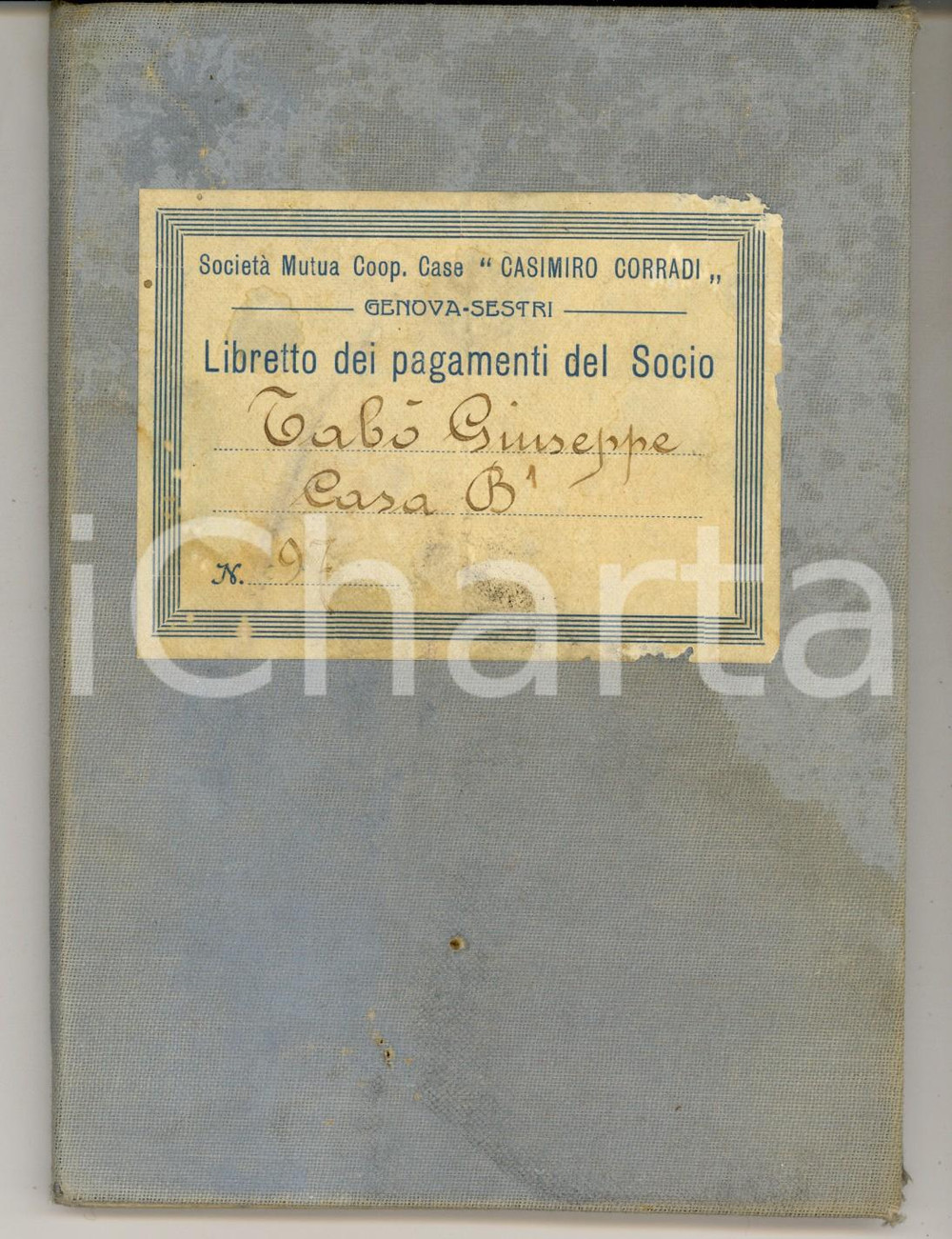 Documento originale, autentico 1935 GENOVA SESTRI SocietÃ  Mutua Cooperativa CORRADI Libretto Giuseppe TABO 1