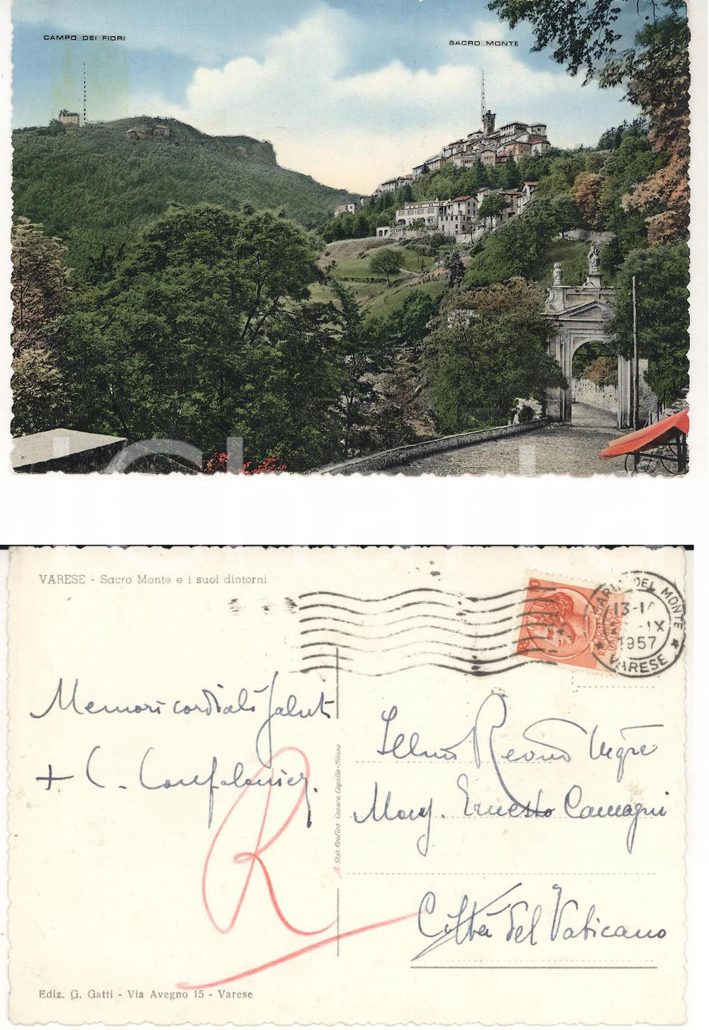 Autografo originale 1957 VARESE Sacro Monte e dintorni Cartolina card. Carlo CONFALONIERI Autografo 1