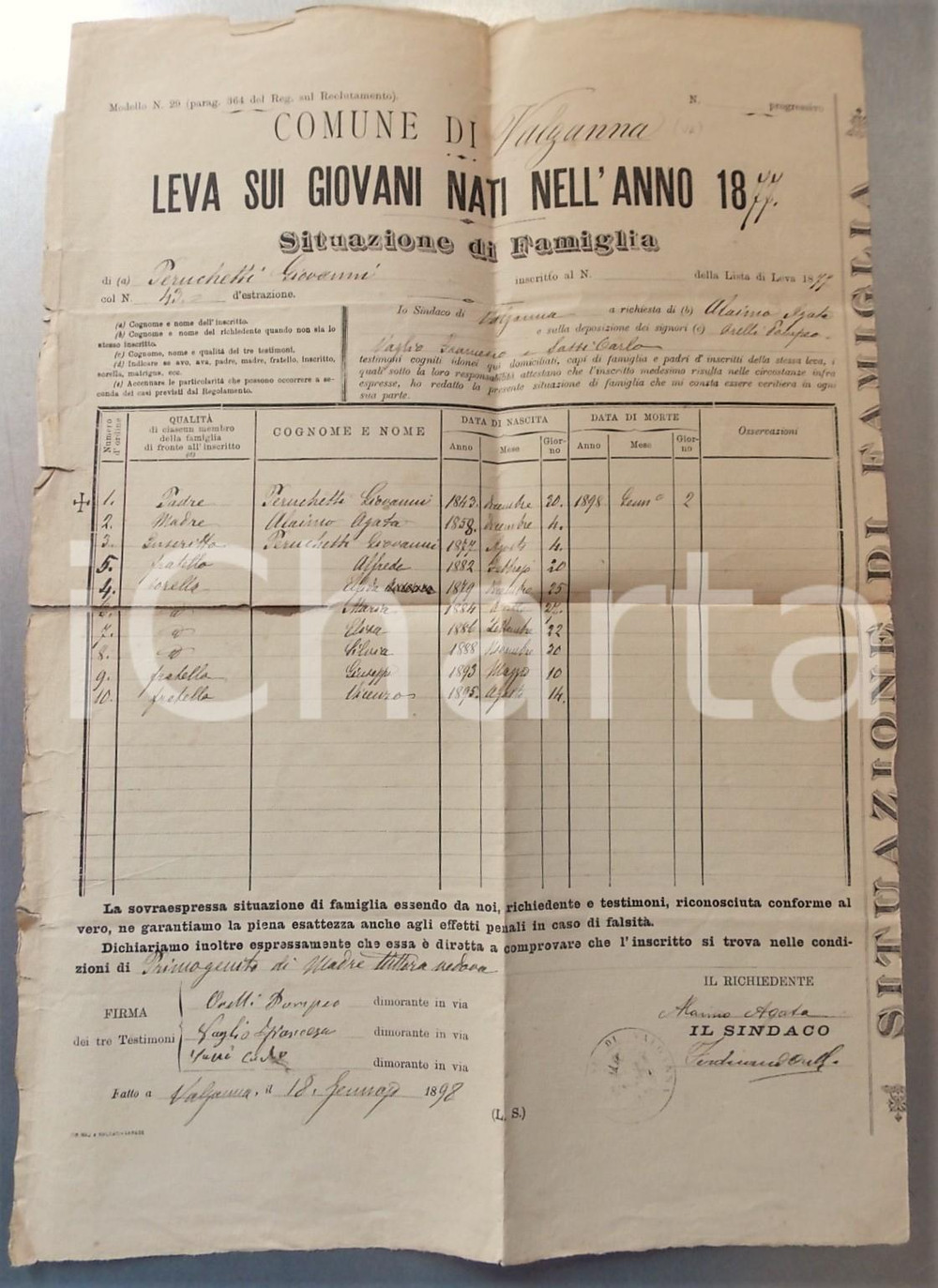 1898 VALGANNA (VA) Leva 1877 - Stato di famiglia Giovanni PERUCHETTI *Manifesto