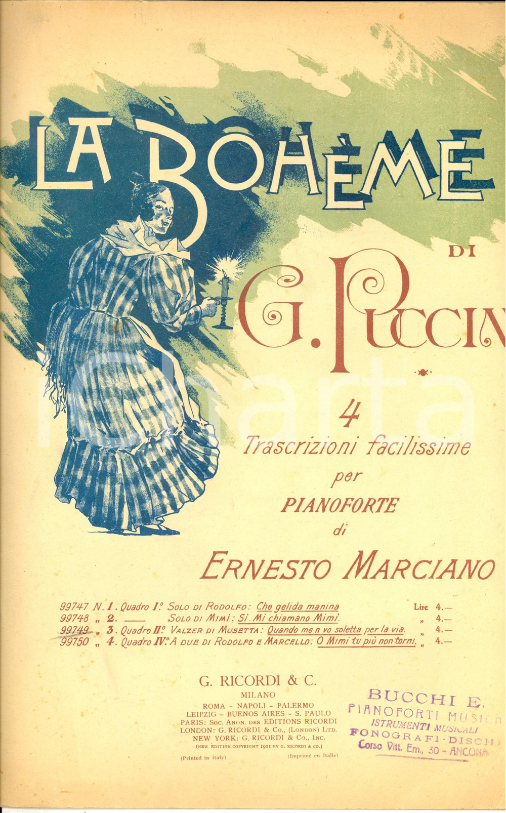 Oggetto da collezione cartaceo 1920 ca Giacomo PUCCINI La BohÃ¨me  Riduzioni di Ernesto MARCIANO Spartito 1