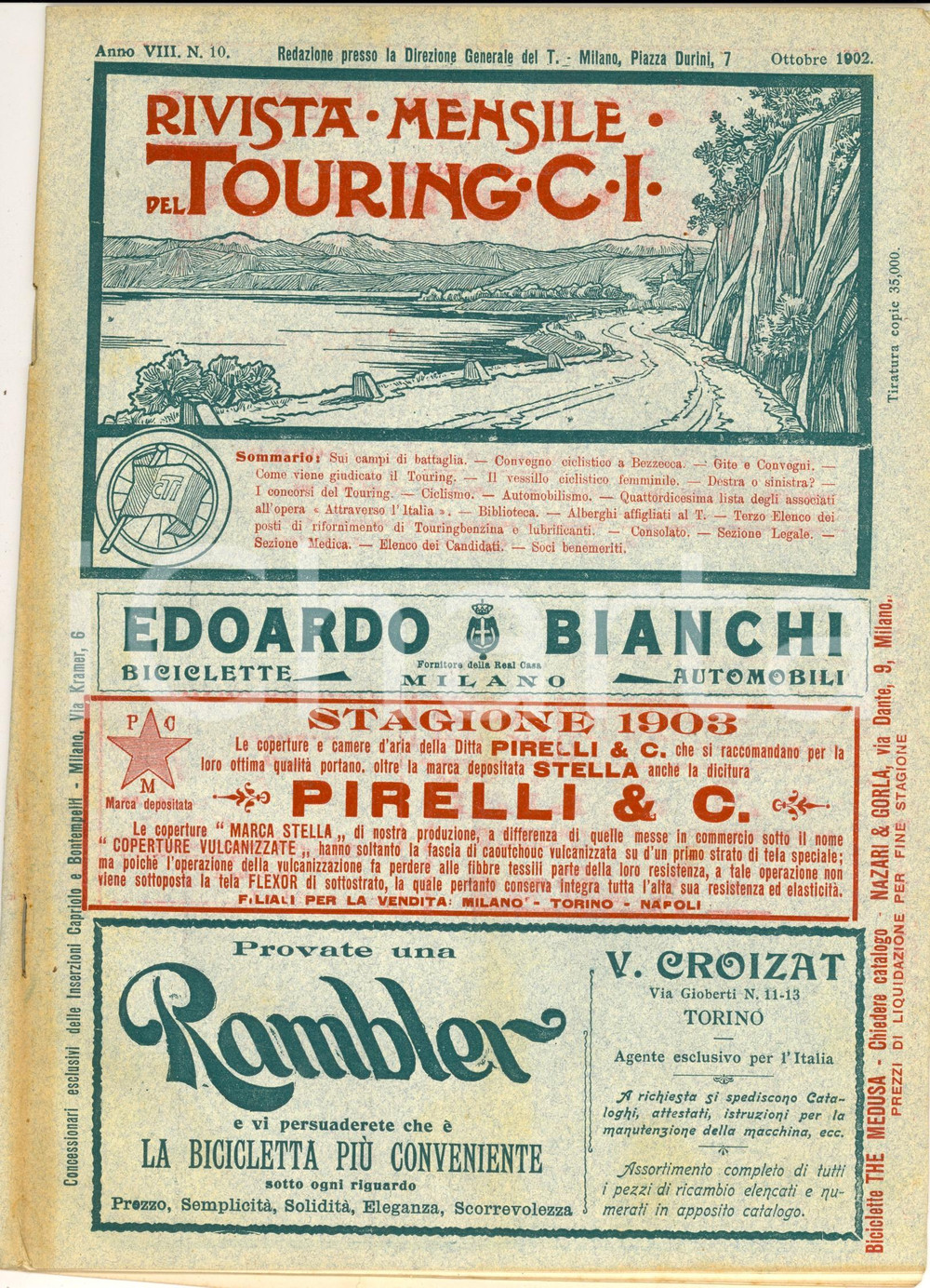 Materiale pubblicitario d’epoca 1902 TOURING CLUB ITALIANO Rivista Convegno ciclistico BEZZECCA Anno VIII  nÂ°10 1