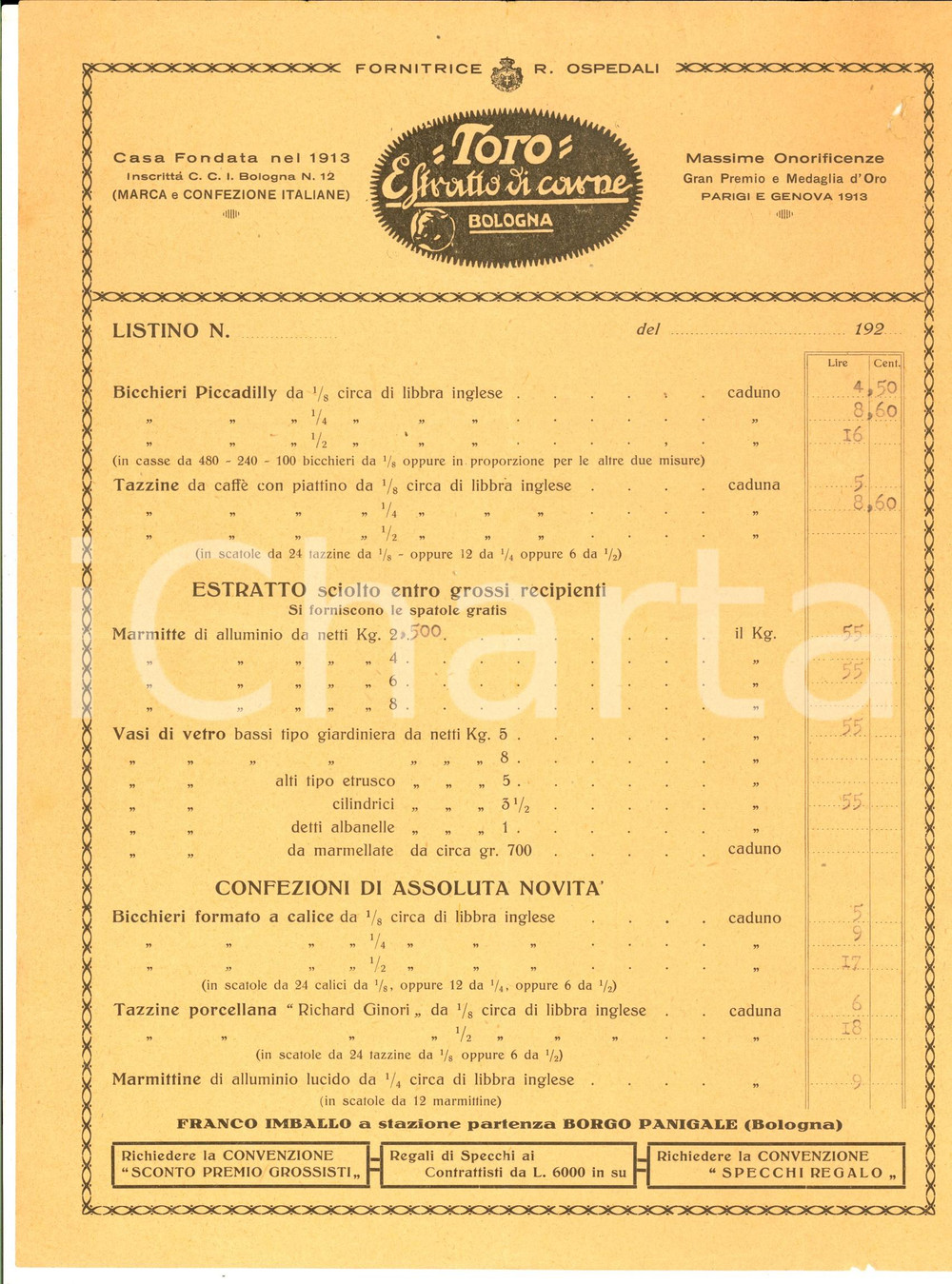 Materiale pubblicitario d’epoca 1940 ca BOLOGNA TORO  Estratto di carne Listino dei prezzi correnti 1
