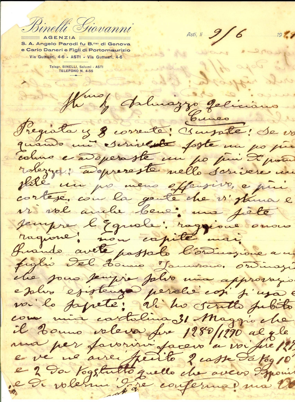 Manoscritto, lettera originale 1929 ASTI Giovanni BINELLI offeso dal commerciante Feliciano DALMASSO Lettera 1