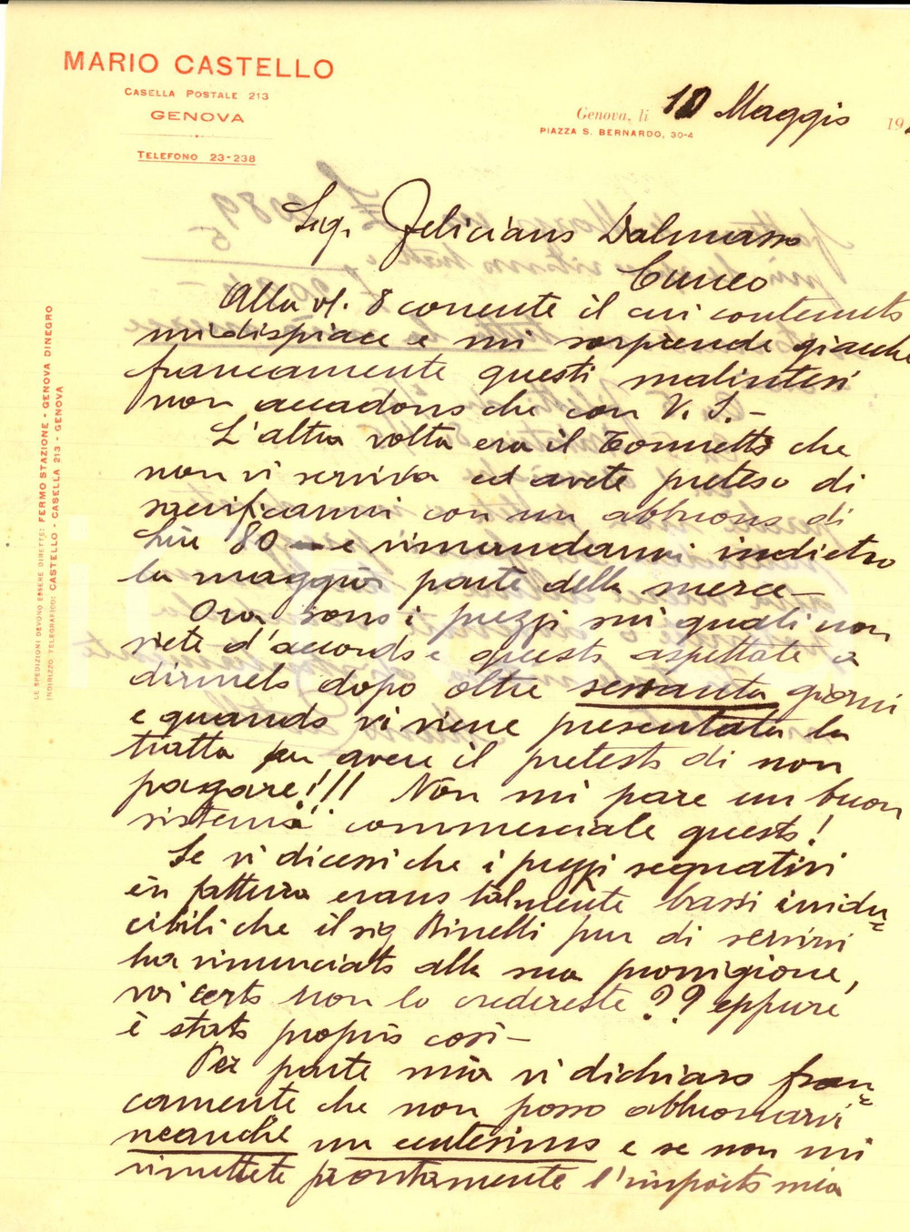 Manoscritto, lettera originale 1929 GENOVA Mario CASTELLO in lite fornitura di tonno e acciughe Lettera 1