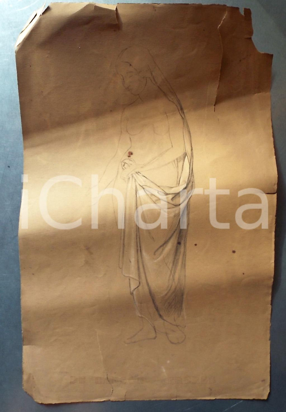 Stampa, bozzetto originale 1910 ca BIELLA Bozzetto di statua femminile con manto DISEGNO A MANO 27 x 40 cm 1