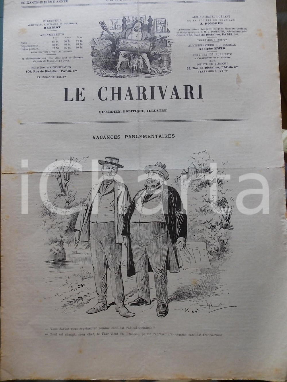 Giornale, rivista storica 1901 LE CHARIVARI Vacances parlementaires Quotidien ILLUSTRE  annÃ©e 62 1