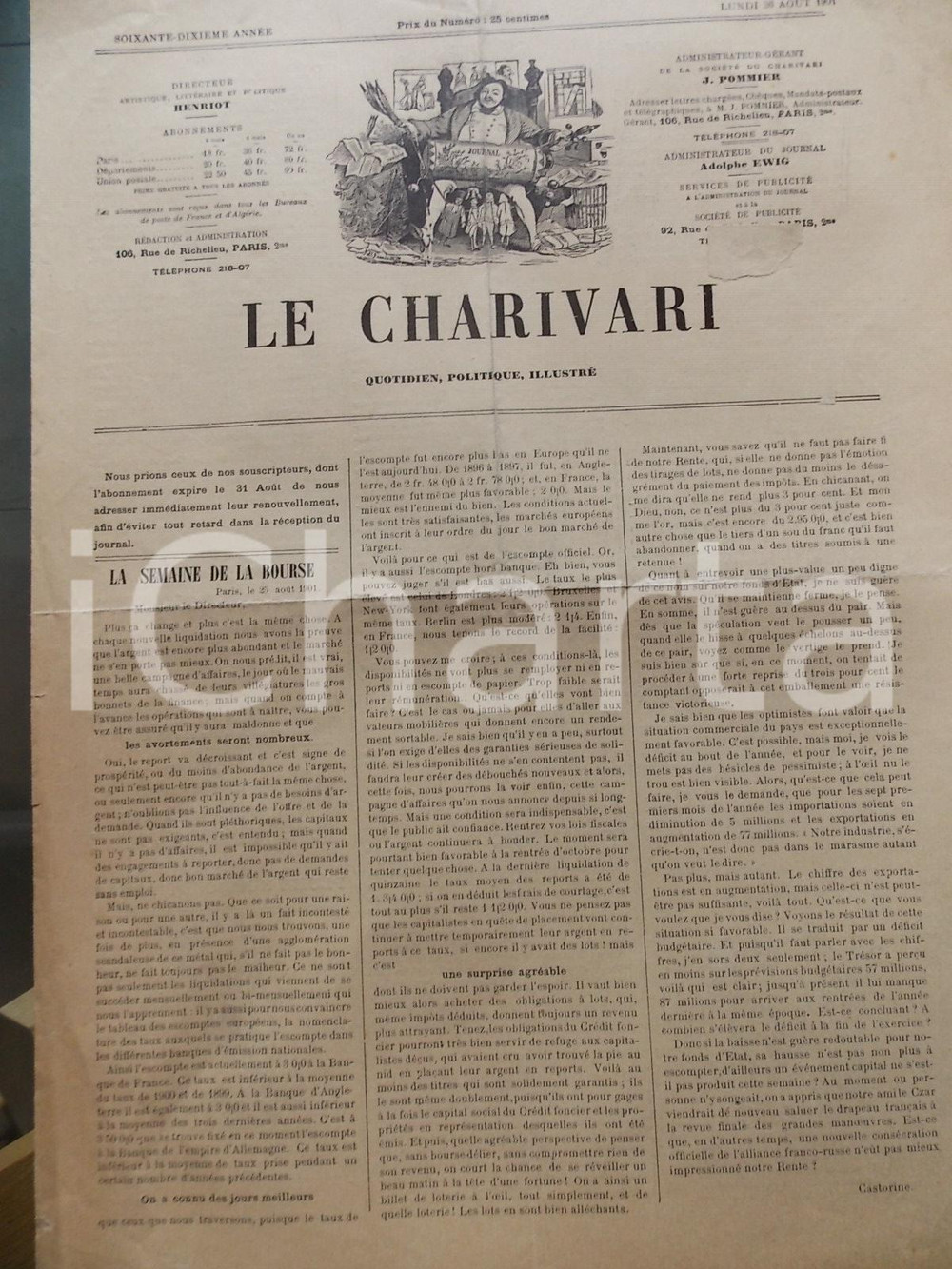 Giornale, rivista storica 1901 LE CHARIVARI Semaine de la Bourse Quotidien ILLUSTRE  DE VOSGROIS 1