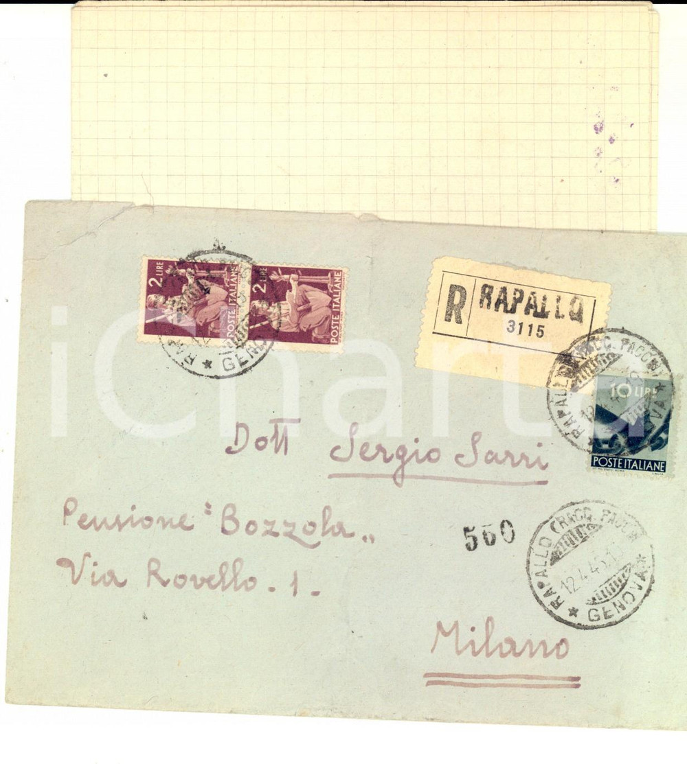 Cartolina originale da collezione 1945 STORIA POSTALE  REPUBBLICA Affrancatura mista L. 2  l.10 Raccomandata 1