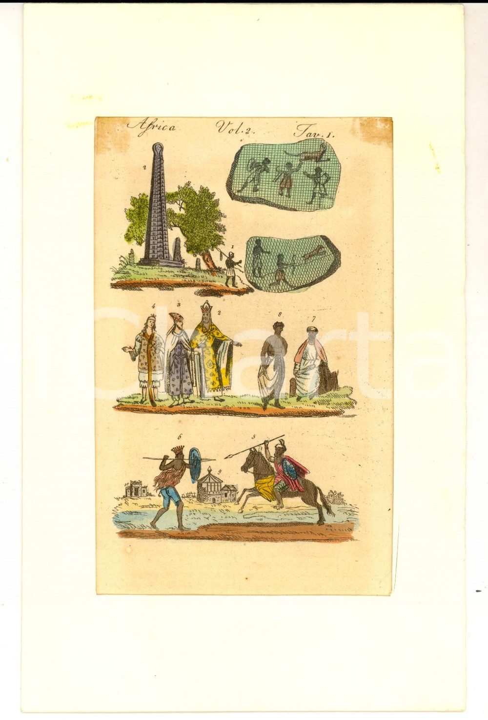 Stampa, bozzetto originale 1830 ca COSTUMI AFRICA Dignitari e scena di guerra Stampa ACQUERELLATA 15x22 cm 1
