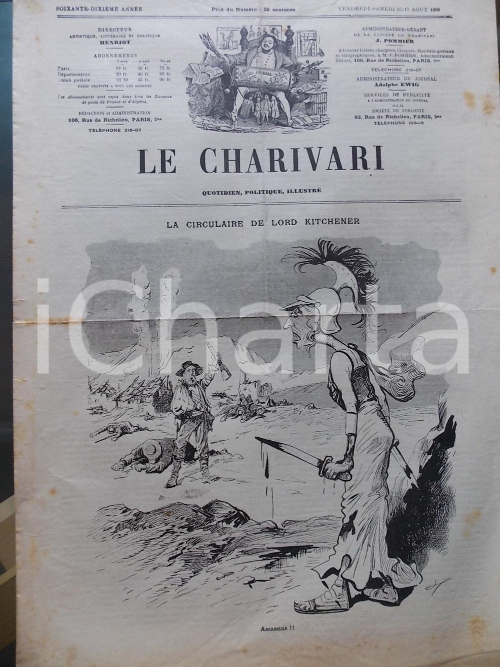Giornale, rivista storica 1901 LE CHARIVARI La circulaire de lord KITCHENER Quotidien politique ILLUSTRE 1