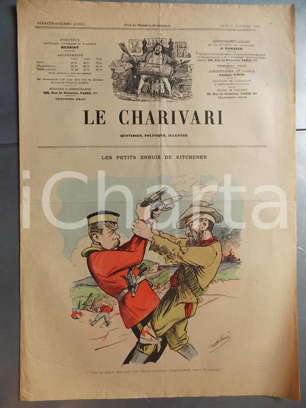 Giornale, rivista storica 1901 LE CHARIVARI Petits ennuis de KITCHENER Quotidien ILLUSTRE  Albert RENE 1