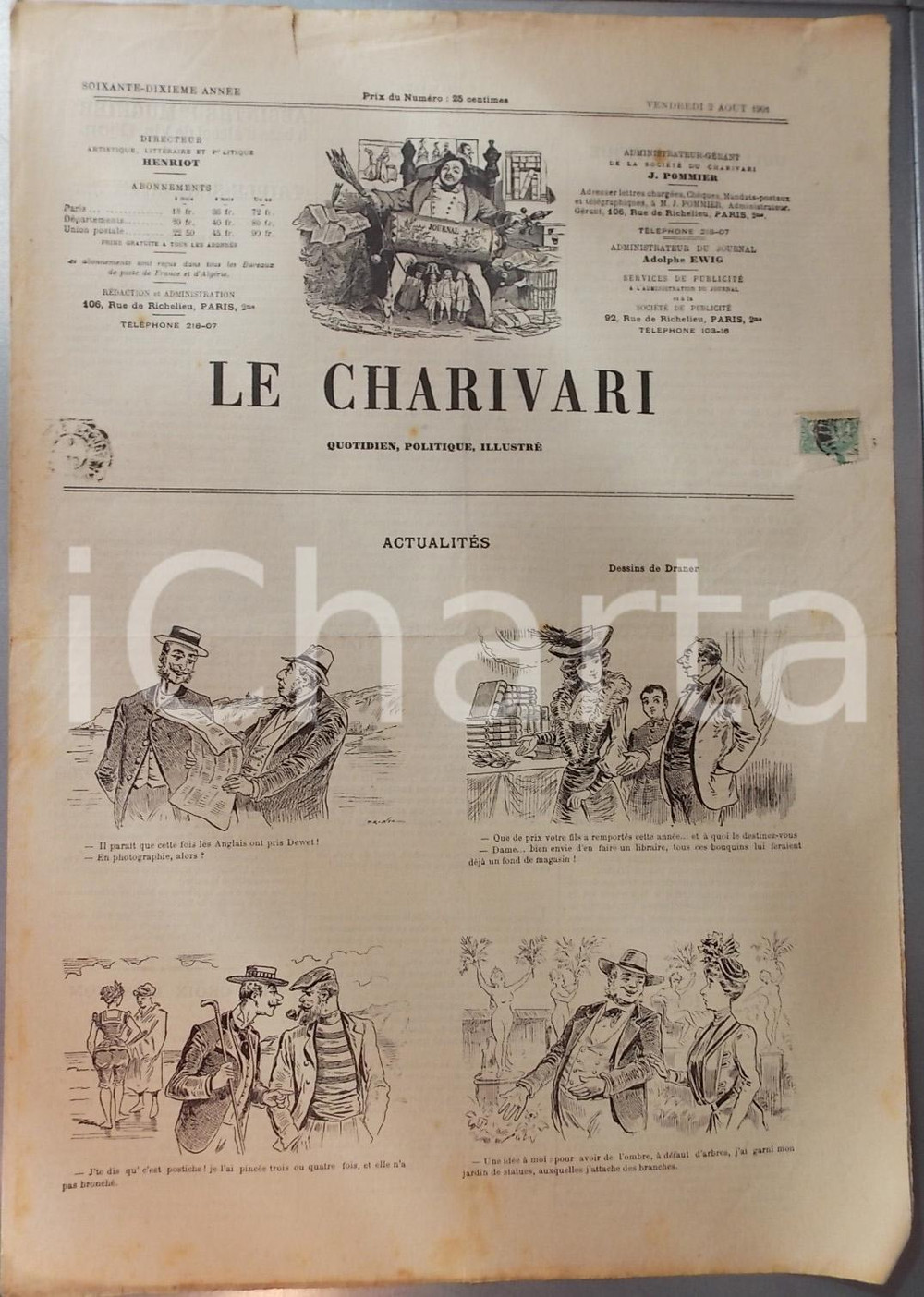 1901 LE CHARIVARI ActualitÃ©s *Quotidien politique ILLUSTRE' DRANER   Rivista d'epoca.Anno 62 - 2 agosto 1901 CONDIZIONI: fair    originale e autentica 1