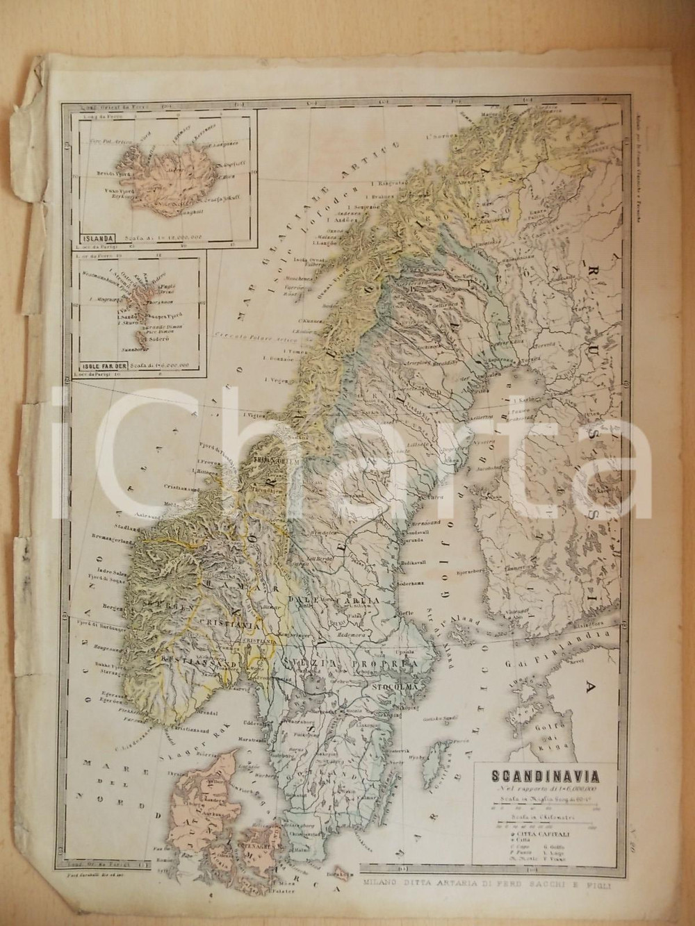 Stampa, bozzetto originale 1880 ca MALFATTI  CARABELLI Atlante GeograficoStorico  Scandinavia Tav. 20 1