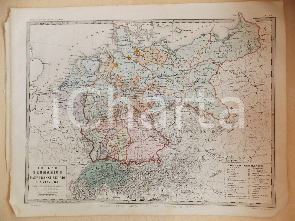 Stampa, bozzetto originale 1880 ca MALFATTI  CARABELLI Atlante Geografico  Impero germanico Tav. 21 1