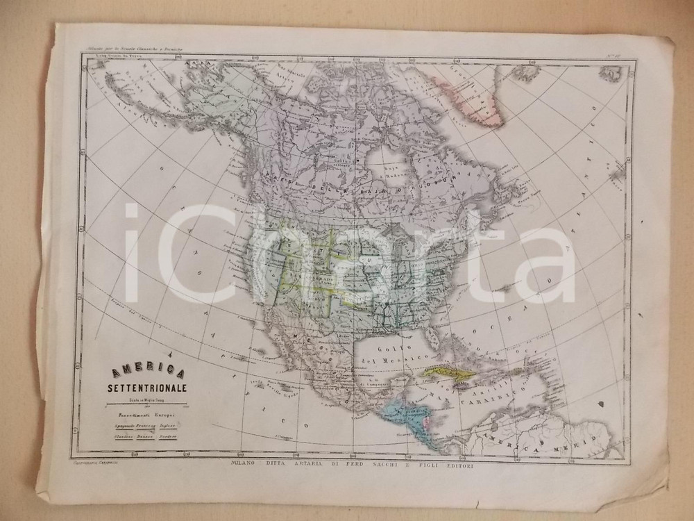 Stampa, bozzetto originale 1880 ca MALFATTI  CARABELLI Atlante Geografico  America settentrionale Tav.10 1