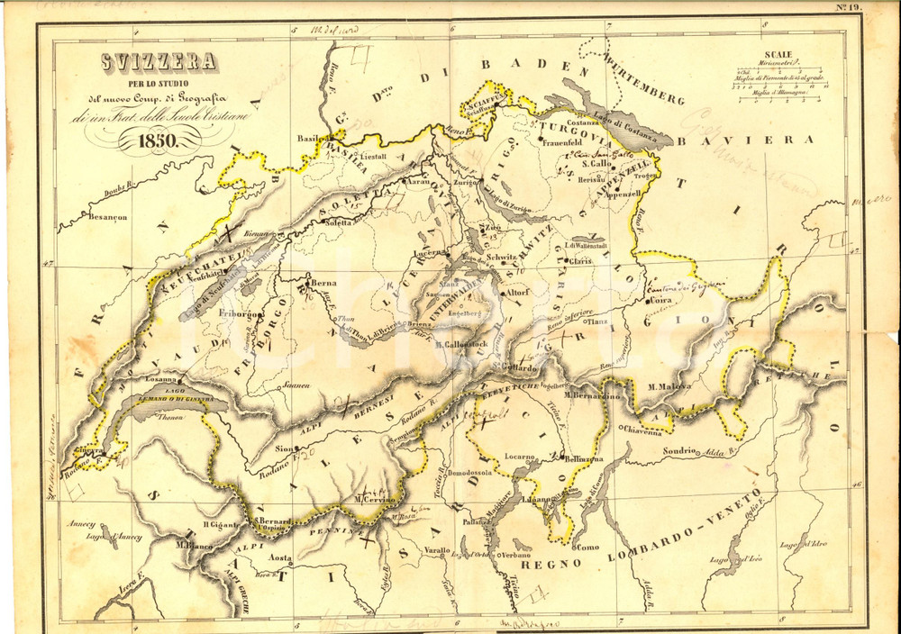 Stampa, bozzetto originale 1850 TORINO Fratelli Scuole Cristiane  Atlante geografico  Svizzera Tav. 19 1