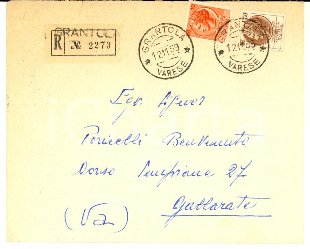 Documento originale, autentico 1959 STORIA POSTALE Busta raccomandata affrancatura Lire 10 e Lire 100 1