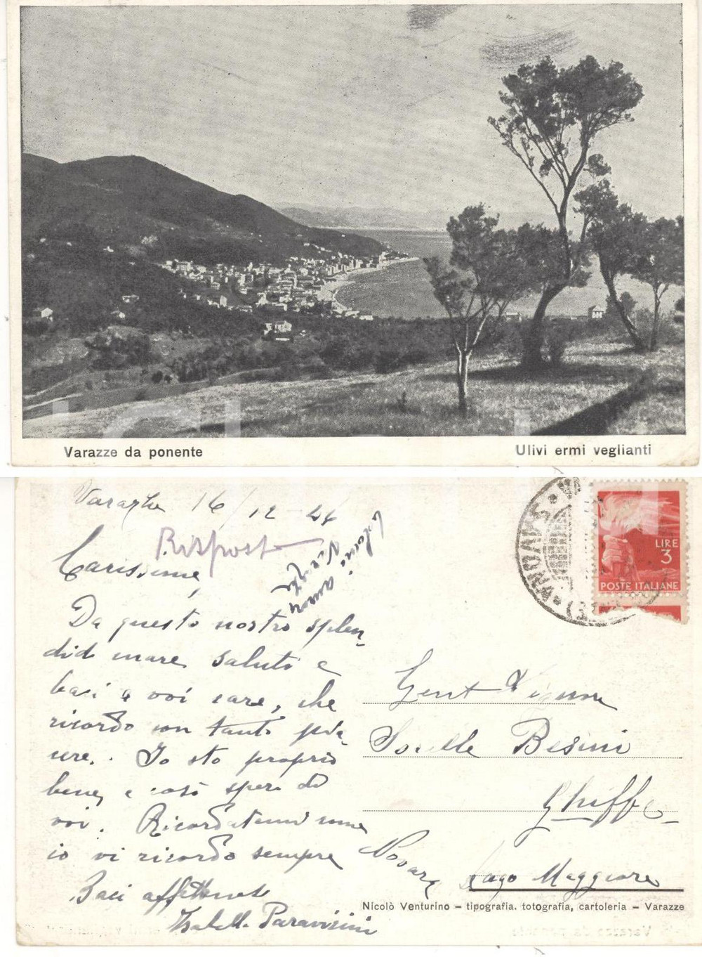 Cartolina originale da collezione 1944 VARAZZE SV Veduta da ponente Cartolina nobile Isabella PARAVICINI 1
