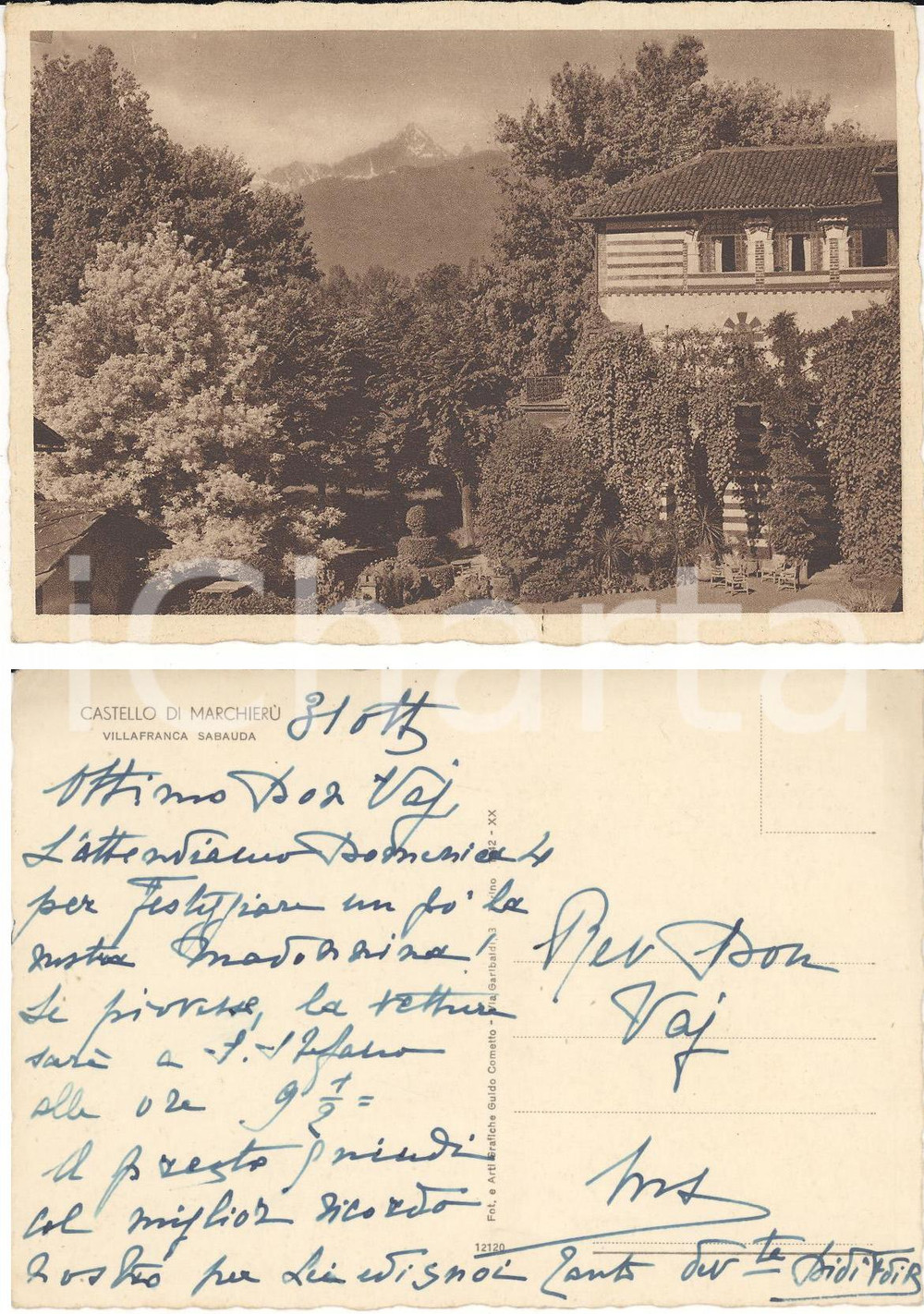 Cartolina originale da collezione 1940 VILLAFRANCA PIEMONTE Castello di MARCHIERU  Autografo FILIPPI DI BALDISSERO 1