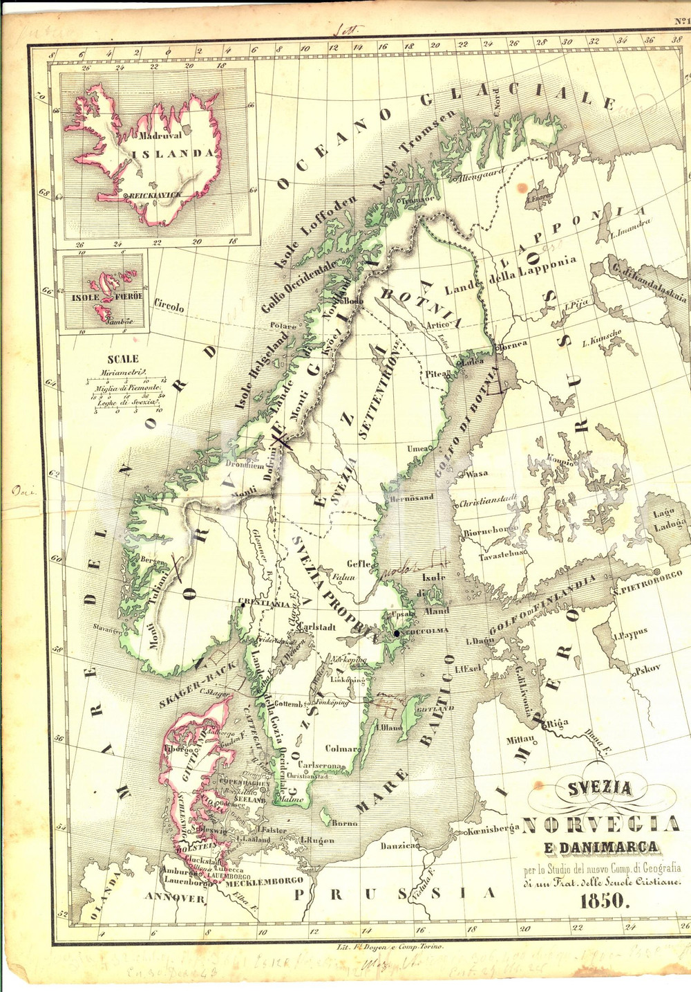 Stampa, bozzetto originale 1850 TORINO Fratelli Scuole Cristiane  Atlante  Svezia e Norvegia Tav. 16 1