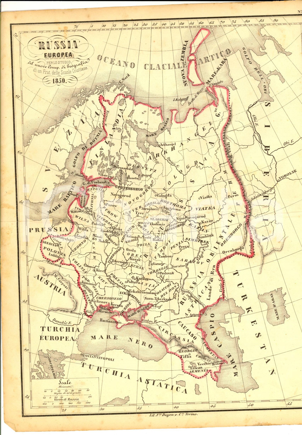Stampa, bozzetto originale 1850 TORINO Fratelli Scuole Cristiane  Atlante  Russia europea Tav.  20 1