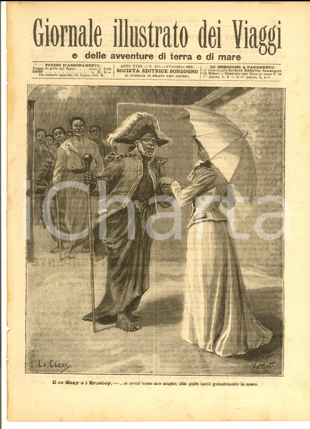 1899 GIORNALE ILLUSTRATO DEI VIAGGI Il re Many e i Krouboy *Ill. VINTRAUT nÂ° 175    Giornale illustrato d'epoca, edito da Sonzogno.CONDIZIONI: FAIR (piccoli tagli marginali)       originale e autentica 1