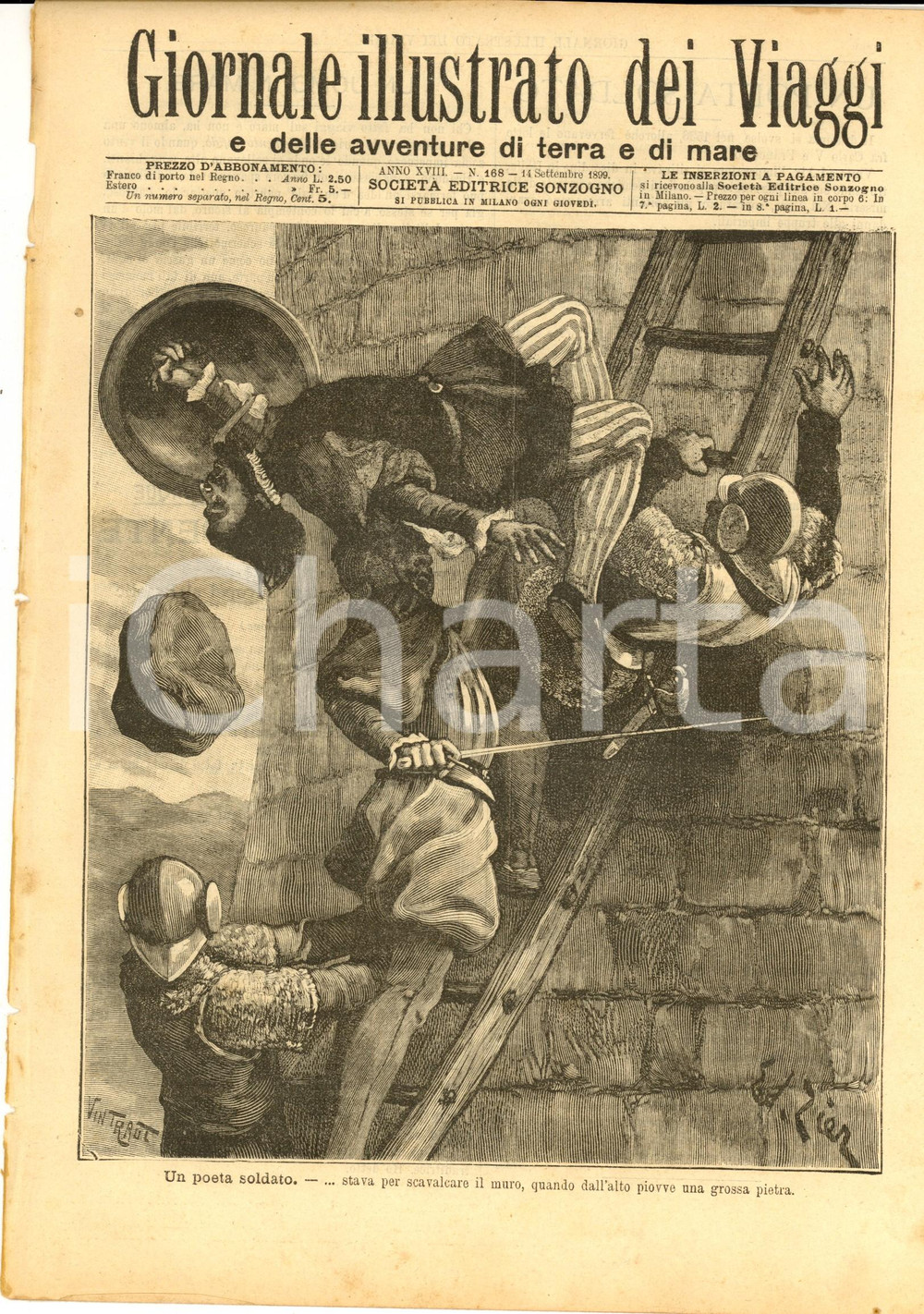 1899 GIORNALE ILLUSTRATO DEI VIAGGI Un poeta soldato *Ill. VINTRAUT nÂ° 168    Giornale illustrato d'epoca, edito da Sonzogno.CONDIZIONI: FAIR (piccoli tagli marginali)       originale e autentica 1