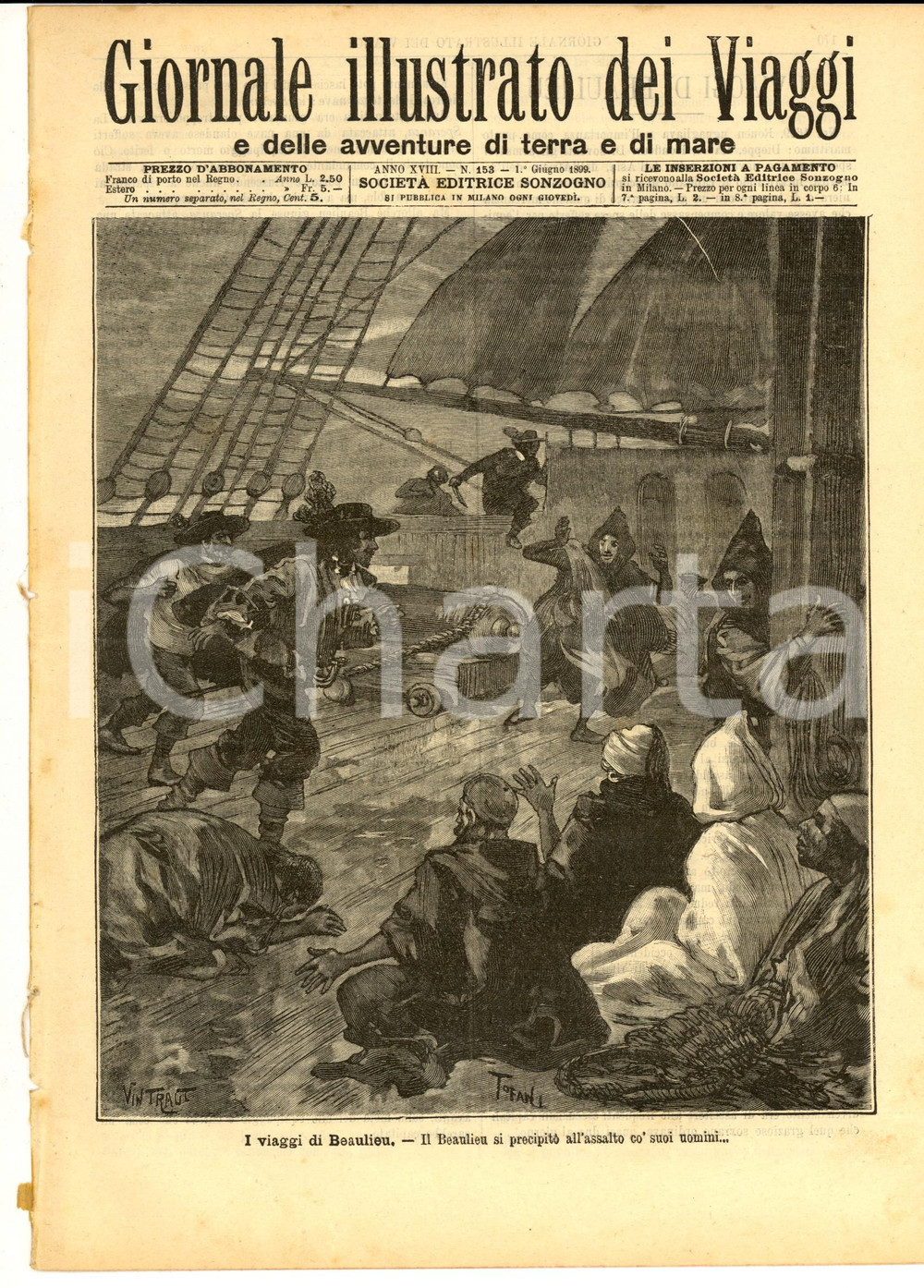 1899 GIORNALE ILLUSTRATO DEI VIAGGI iI viaggi di Beaulieu *Ill. TOFANI nÂ° 153    Giornale illustrato d'epoca, edito da Sonzogno.CONDIZIONI: FAIR (piccoli tagli marginali)       originale e autentica 1