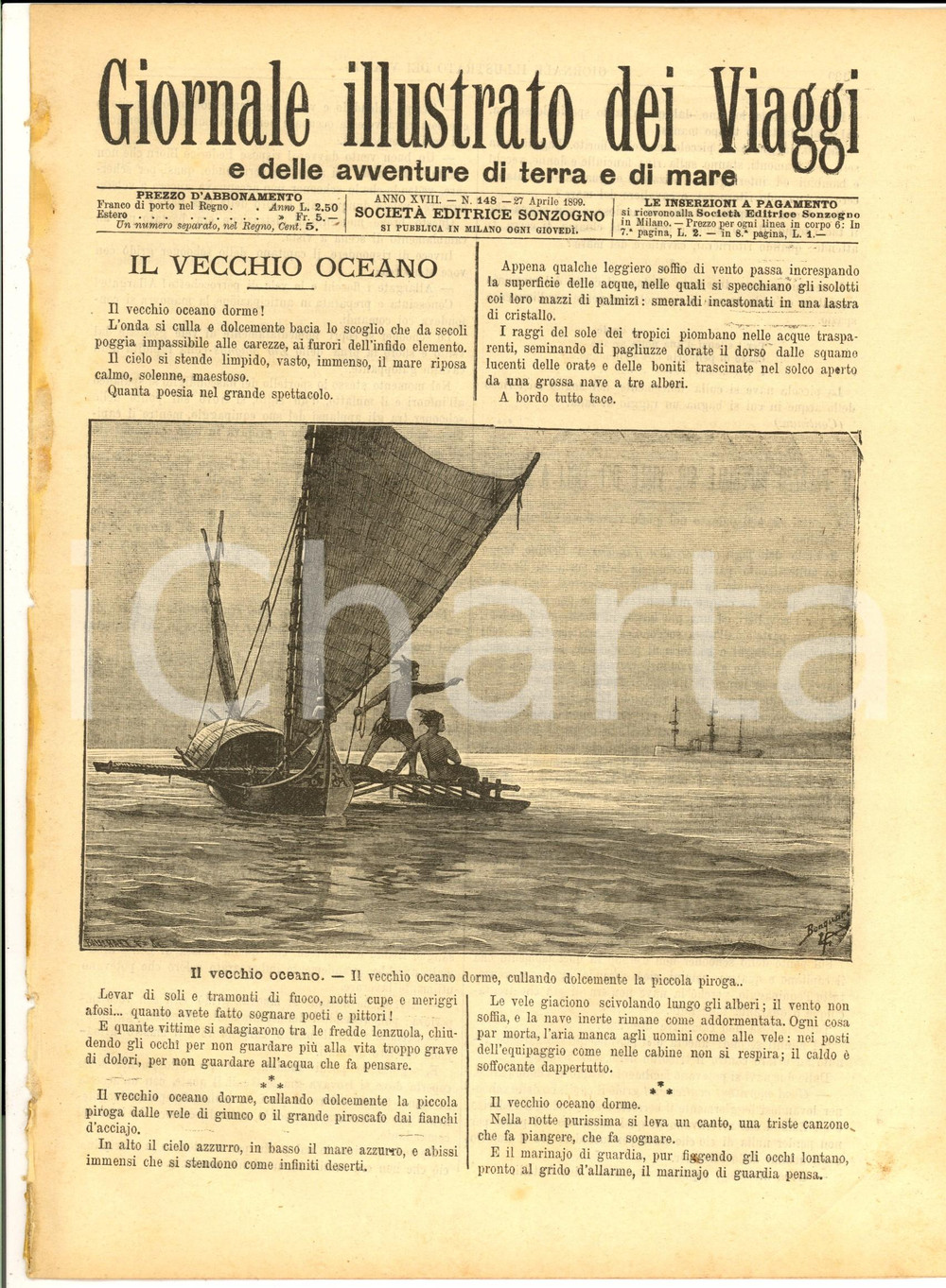 Giornale, rivista storica 1899 GIORNALE ILLUSTRATO DEI VIAGGI Il vecchio oceano Ill. BONGUART nÂ° 148 1