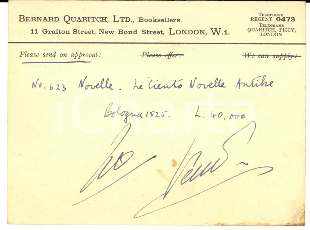1956 LONDON Bernard QUARITCH Booksellers *Cedola per commissioni FG VG