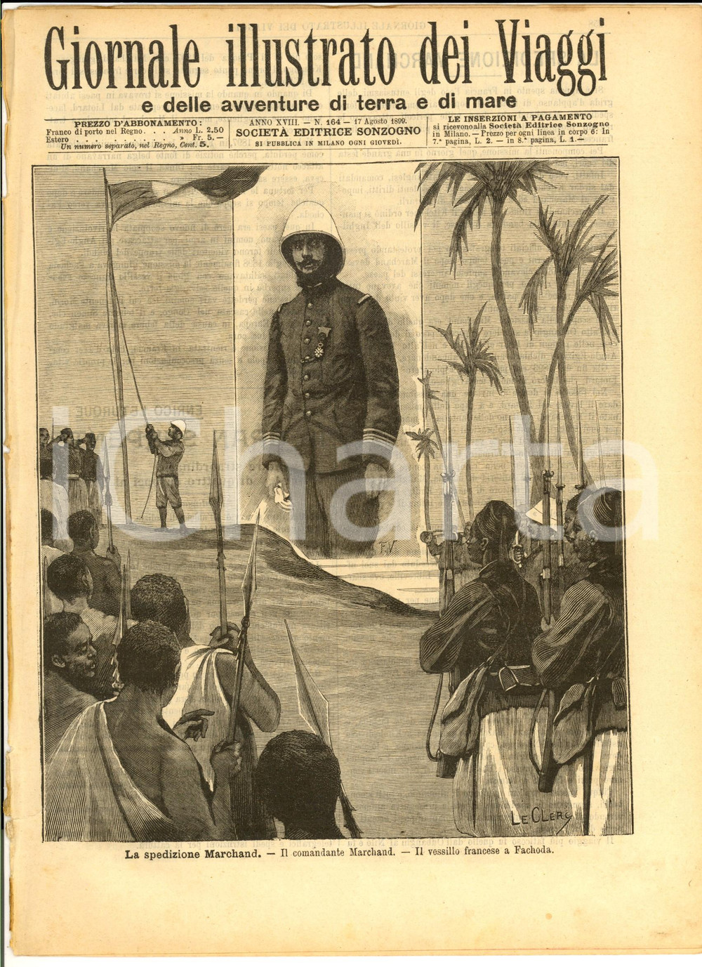 1899 GIORNALE ILLUSTRATO DEI VIAGGI La spedizione Marchand *Ill. LE CLERC nÂ° 164    Giornale illustrato d'epoca, edito da Sonzogno.CONDIZIONI: FAIR (piccoli tagli marginali)       originale e autentica 1