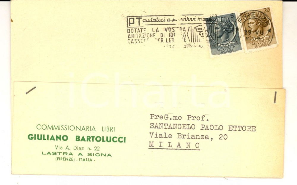Cartolina originale da collezione 1960 LASTRA A SIGNA FI Libreria Giuliano BARTOLUCCI Cedola per commissioni 1