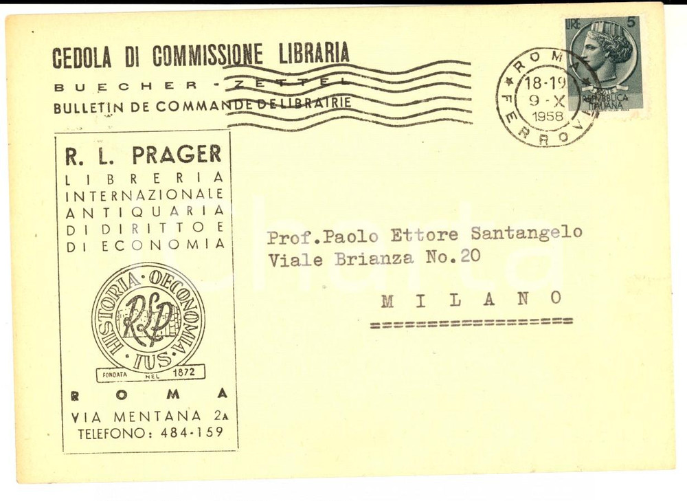 Cartolina originale da collezione 1958 ROMA Libreria PRAGER richiesta volume FONDAMENTI a Paolo Ettore SANTANGELO 1