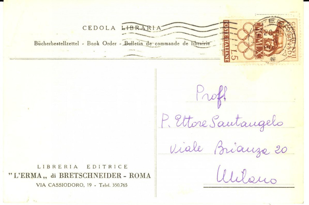 Manoscritto, lettera originale 1960 ROMA Libreria L ERMA DI BRETSCHNEIDER a Paolo Ettore SANTANGELO Cedola 1