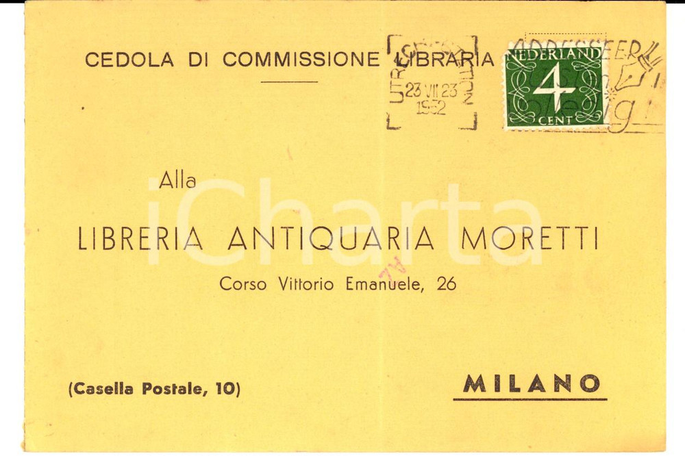 Cartolina originale da collezione 1952 MILANO Cedola libreria antiquaria MORETTI Cartolina FG VG 1